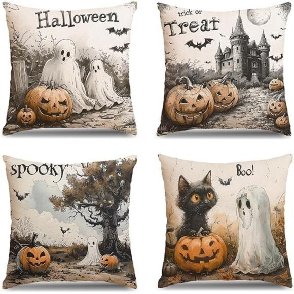 Set of 4 Halloween Pillow Covers -18x18 Inch 'Boo' Ghost & Evil Pumpkin Cushion - Picture 7 of 7
